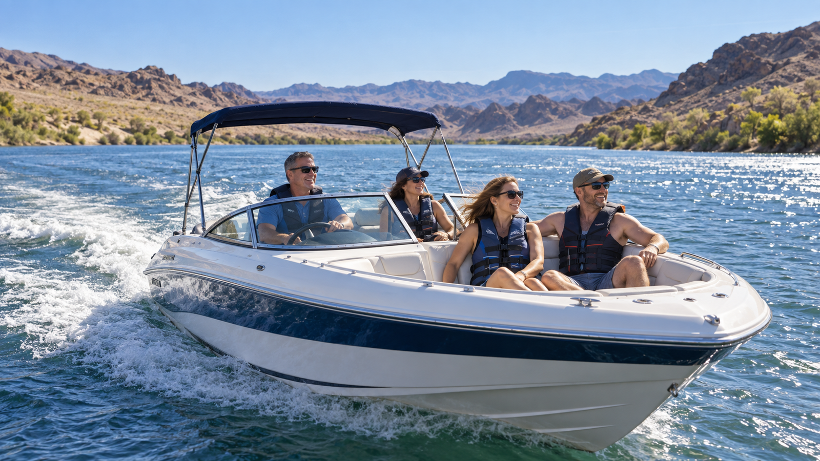 Illustrative group wearing life jackets on a recreational boat on the Colorado River