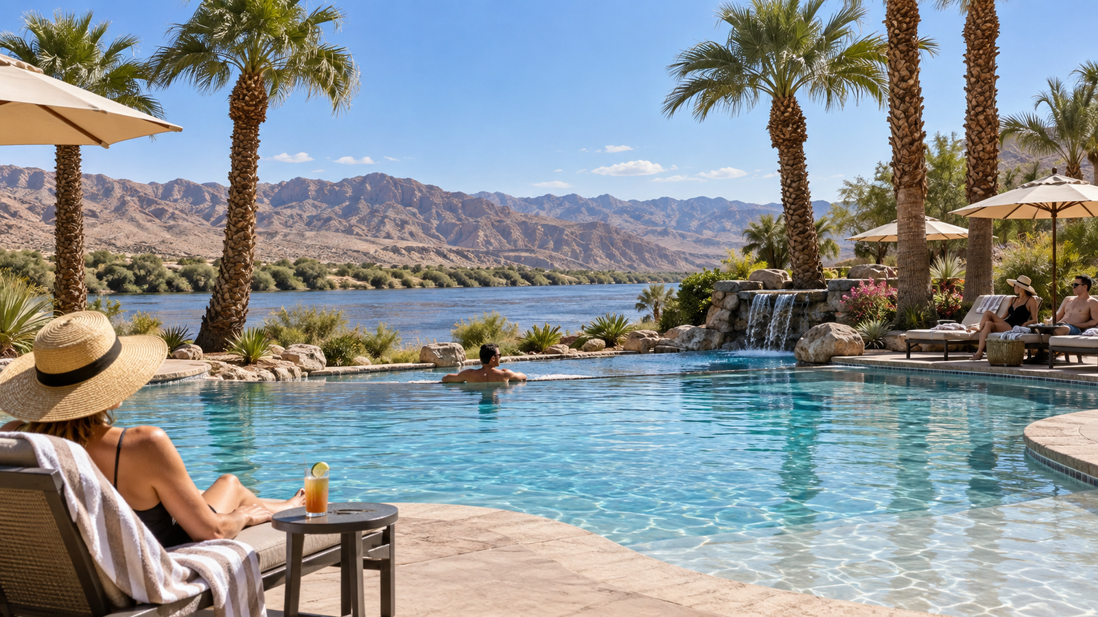 Illustrative unbranded desert resort pool with palms and lounge chairs