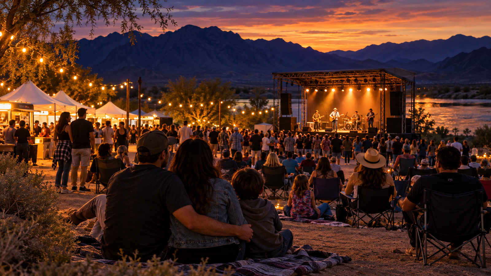Families and adults enjoying a small outdoor music stage beside a desert river at twilight