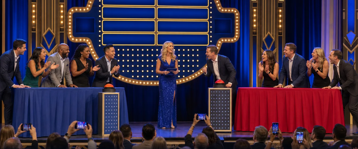 Original Friendly Feud stage concept with a host and audience