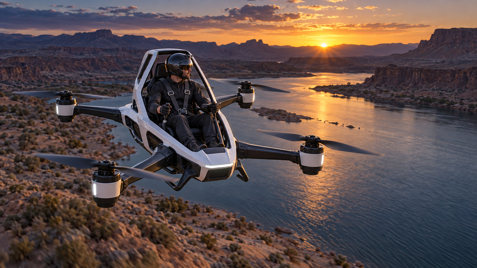 A helmeted pilot flying a four-rotor personal aircraft above a desert river